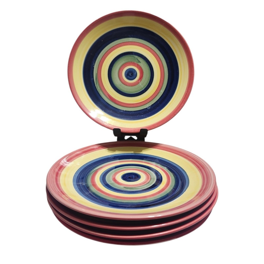 Set of 4 Swirl Hand Painted Collection 9in Salad Plates Multi Color Rings Retro